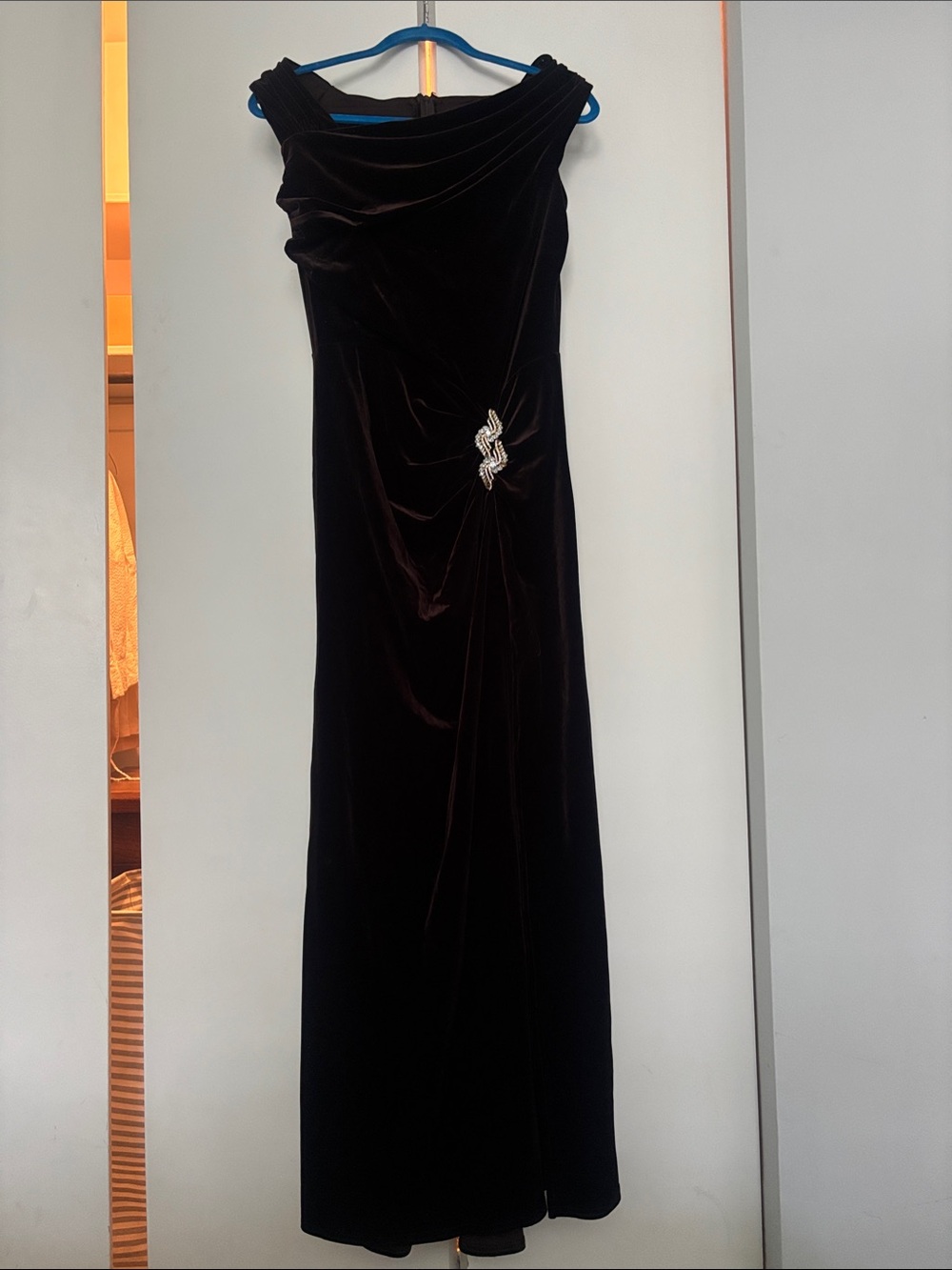 Black Velvet Evening Gown with Rhinestone Accent
